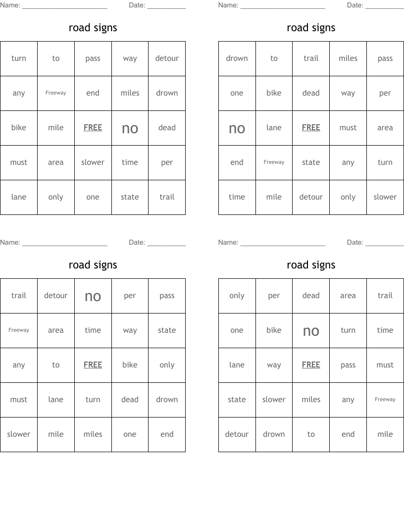 road signs Bingo Cards