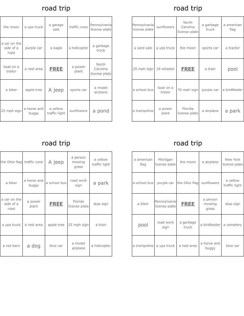 road trip Bingo Cards