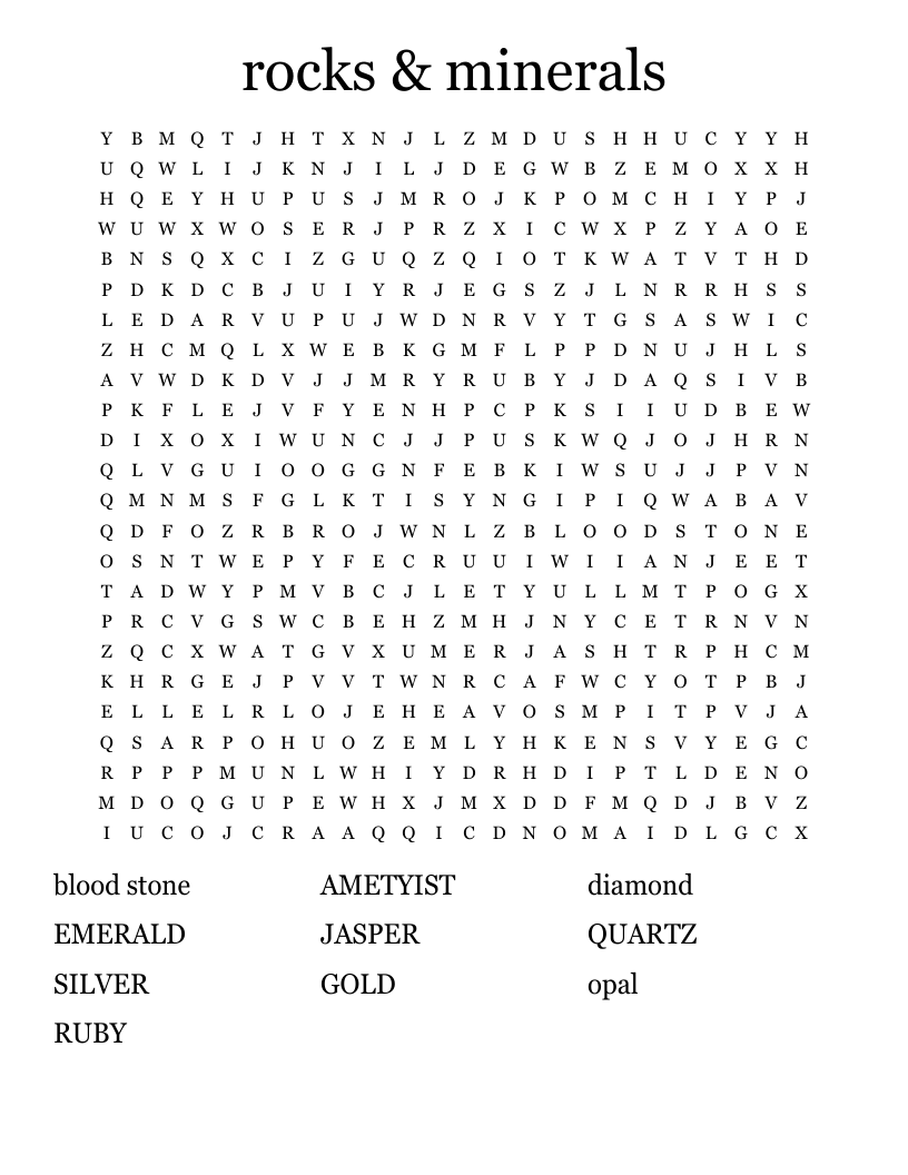 rocks & minerals Word Search