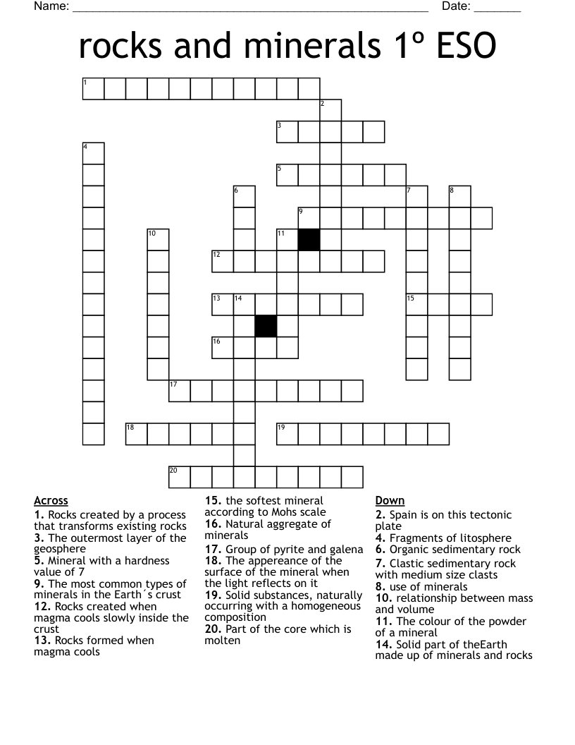 rocks and minerals 1º ESO Crossword