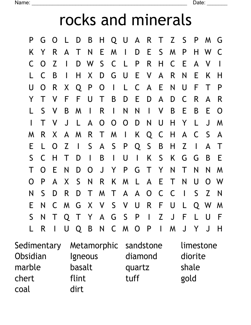 rocks and minerals Word Search
