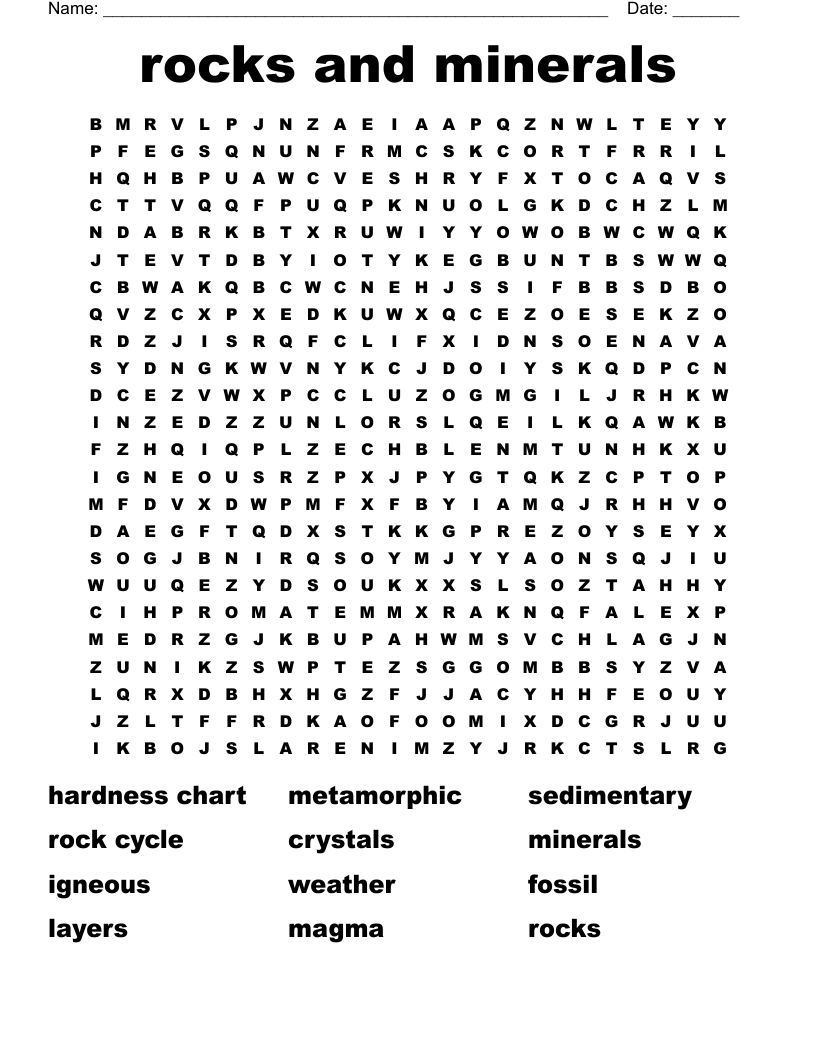 rocks and minerals  Word Search