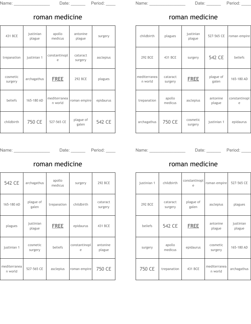 roman medicine  Bingo Cards