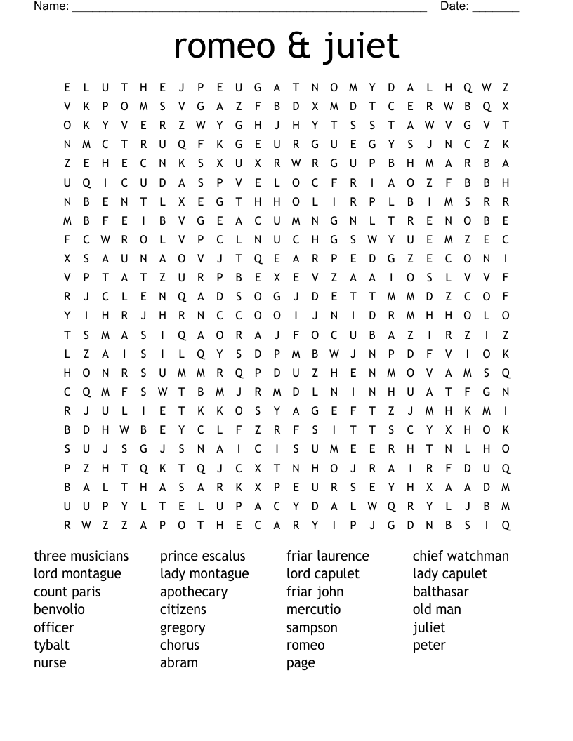 romeo & juiet  Word Search