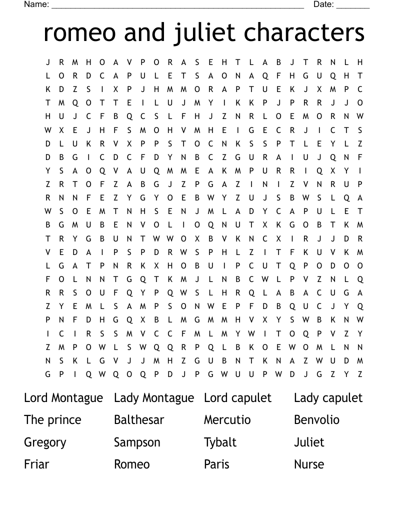 romeo and juliet characters Word Search