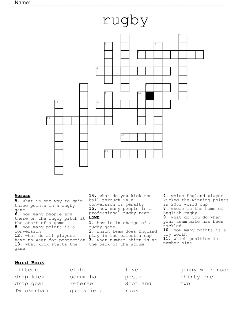 rugby Crossword