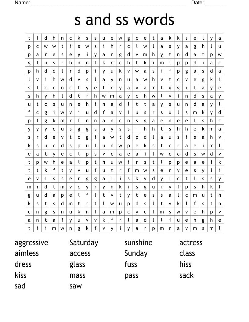 s and ss words Word Search