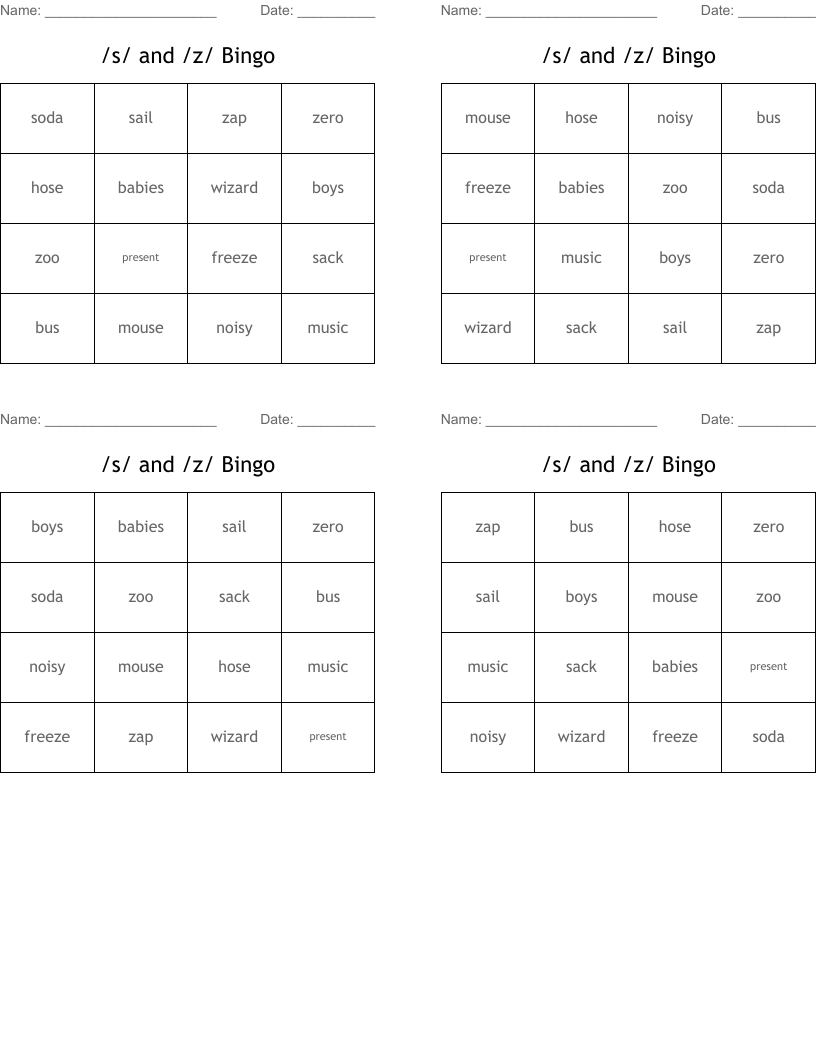 /s/ and /z/ Bingo