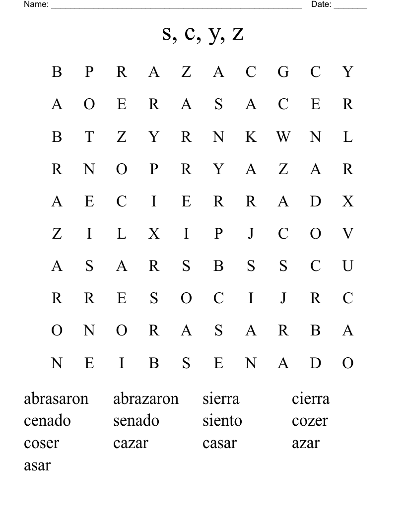 s, c, y, z Word Search