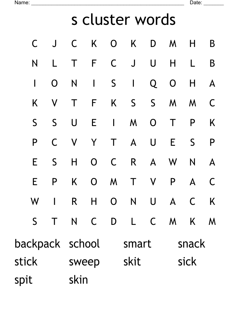 s cluster words Word Search