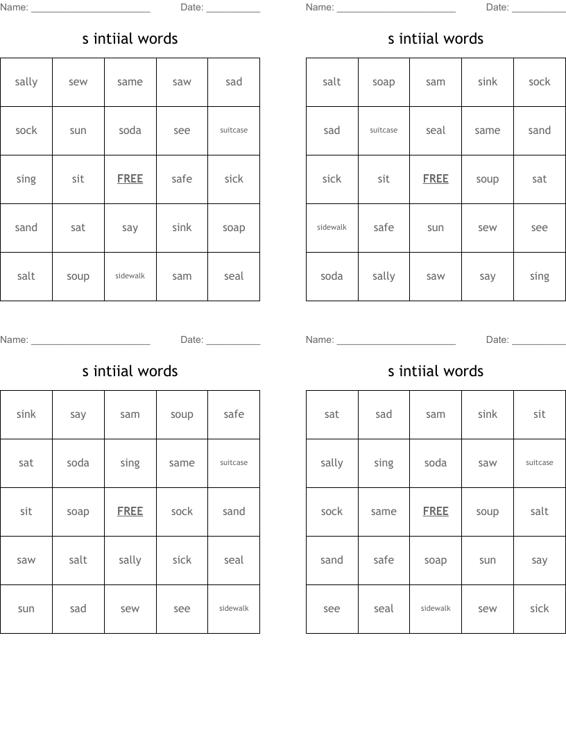 s intiial words  Bingo Cards