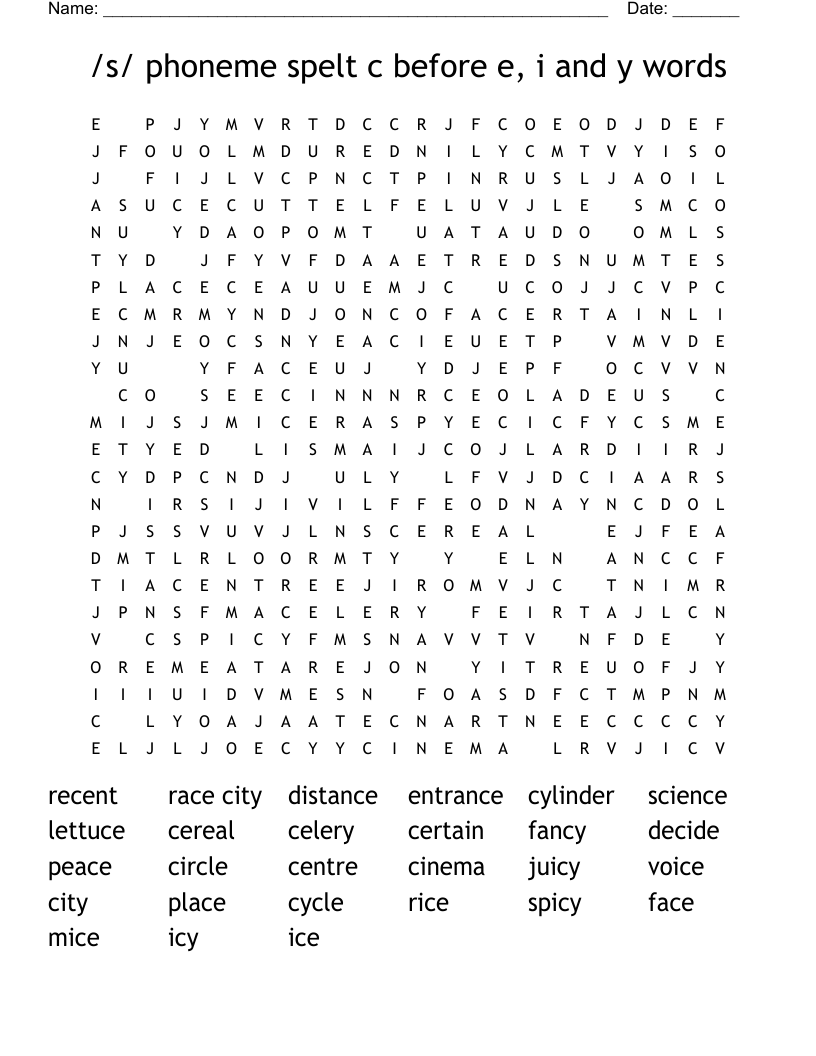 /s/ phoneme spelt c before e, i and y words  Word Search
