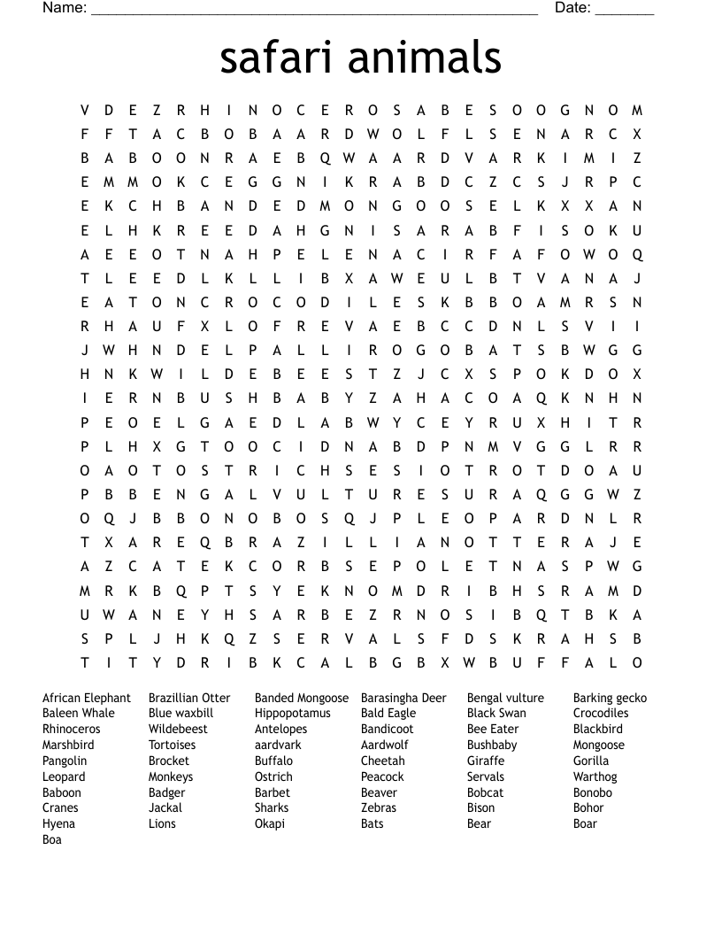 safari animals Word Search