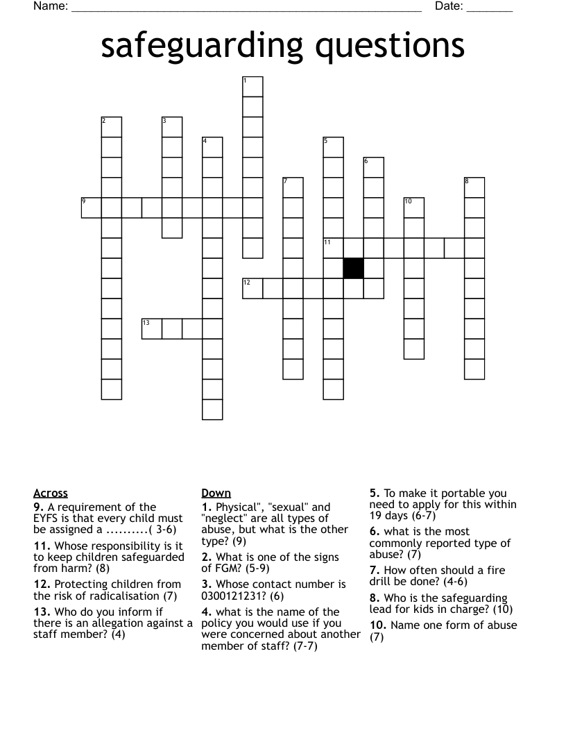 safeguarding questions  Crossword