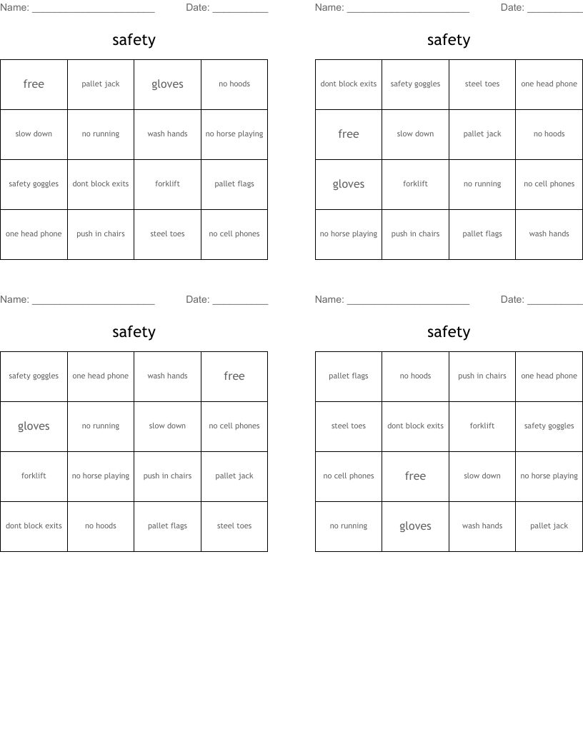 safety  Bingo Cards