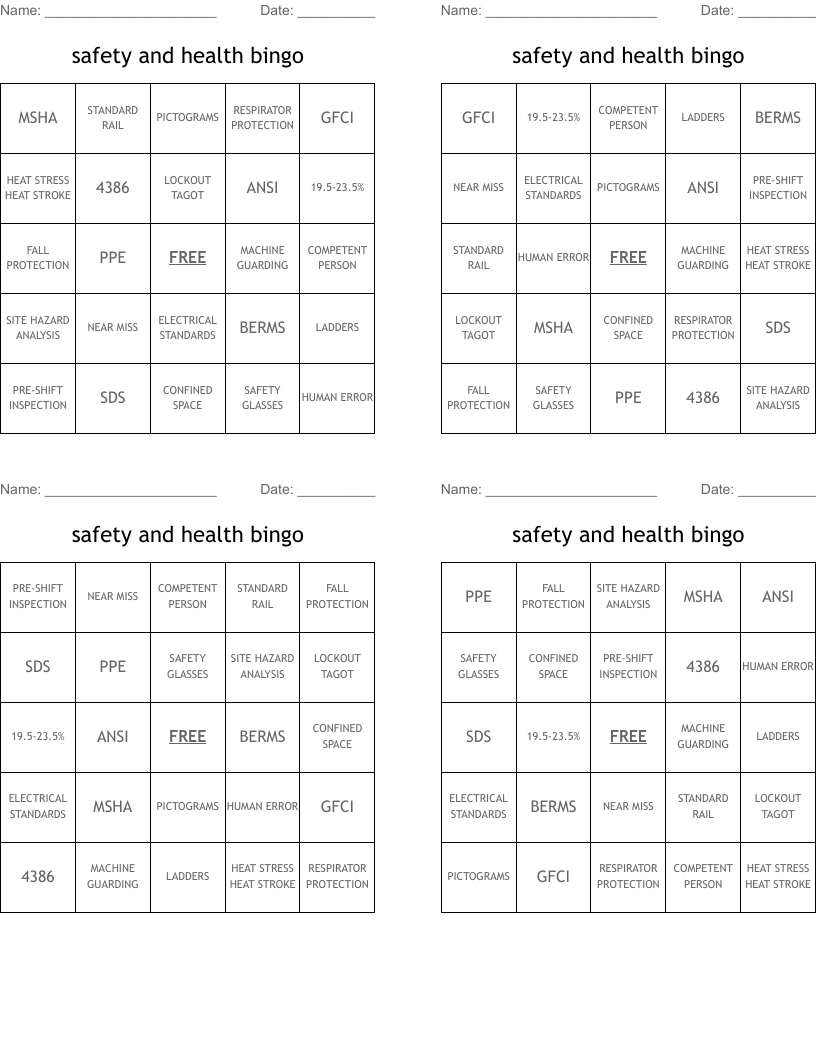 safety and health bingo