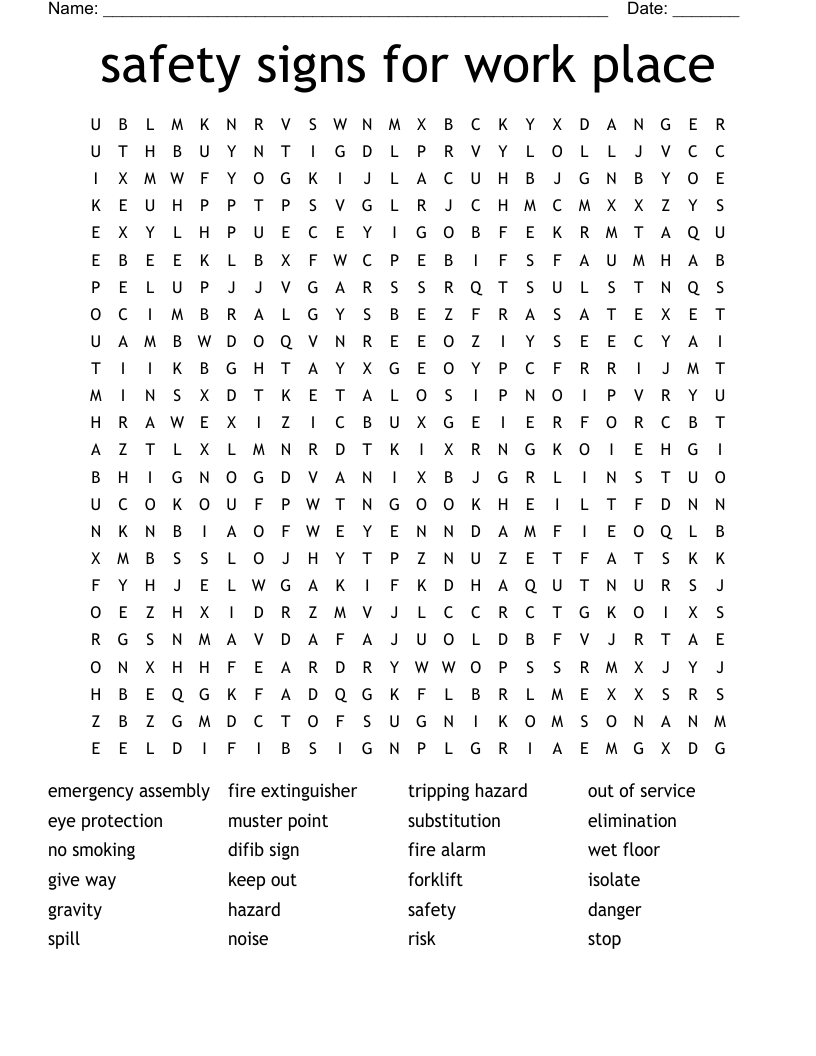safety signs for work place  Word Search
