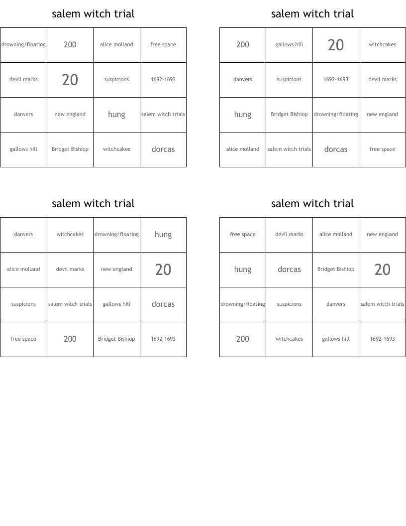 salem witch trial  Bingo Cards
