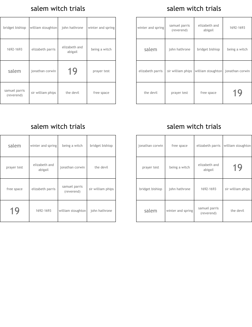 salem witch trials Bingo Cards