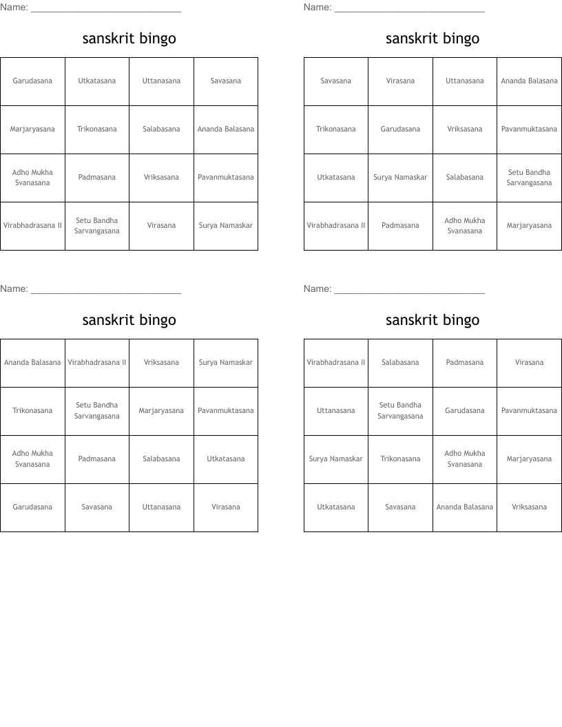 sanskrit bingo
