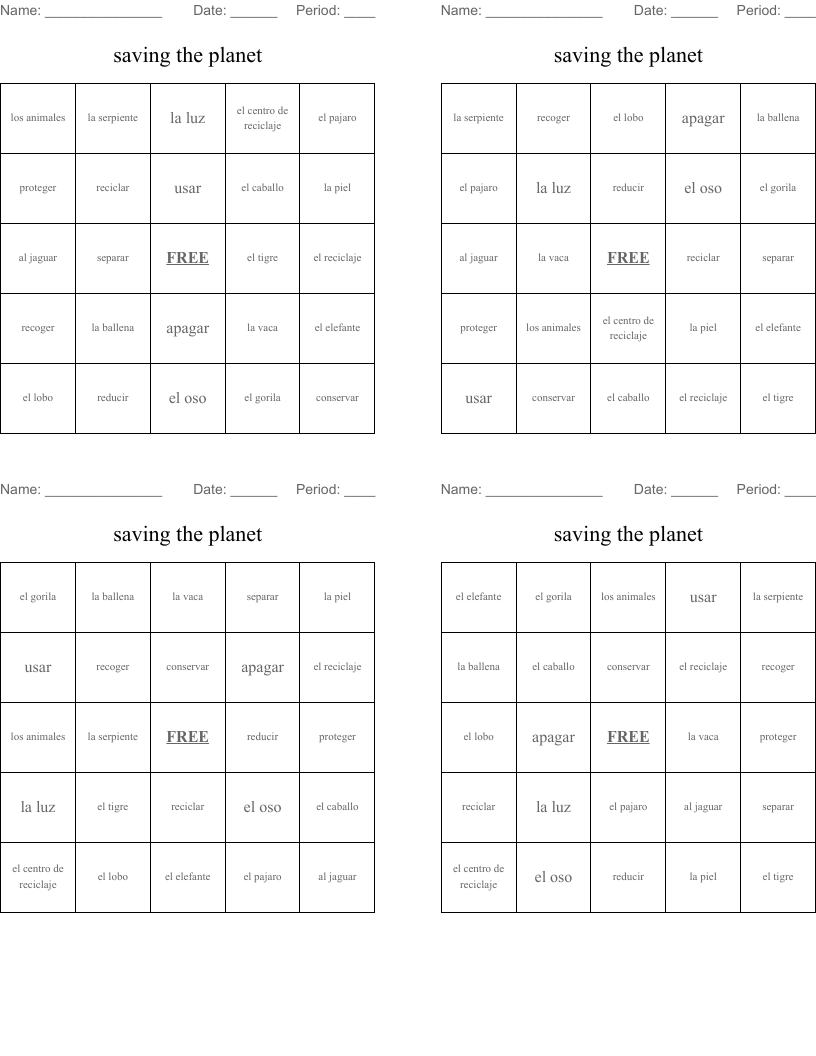 saving the planet Bingo Cards