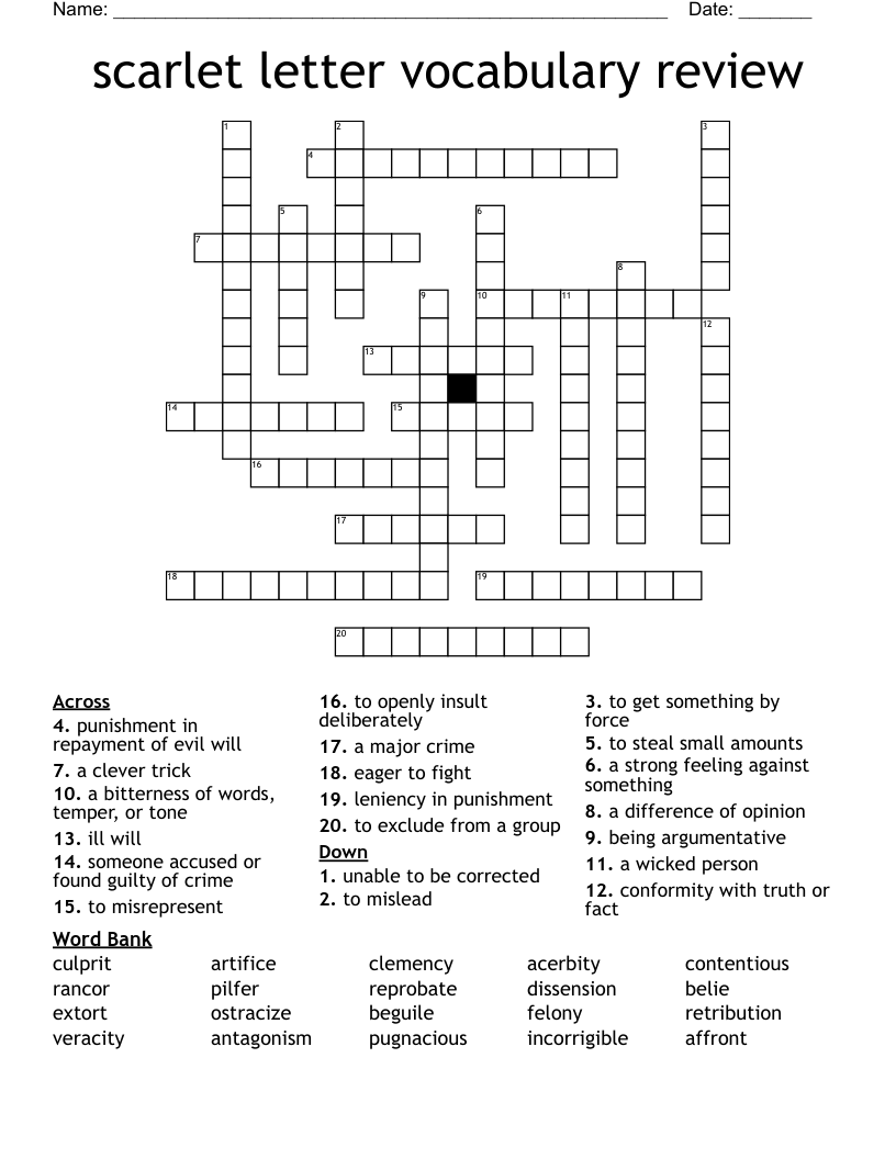 scarlet letter vocabulary review Crossword
