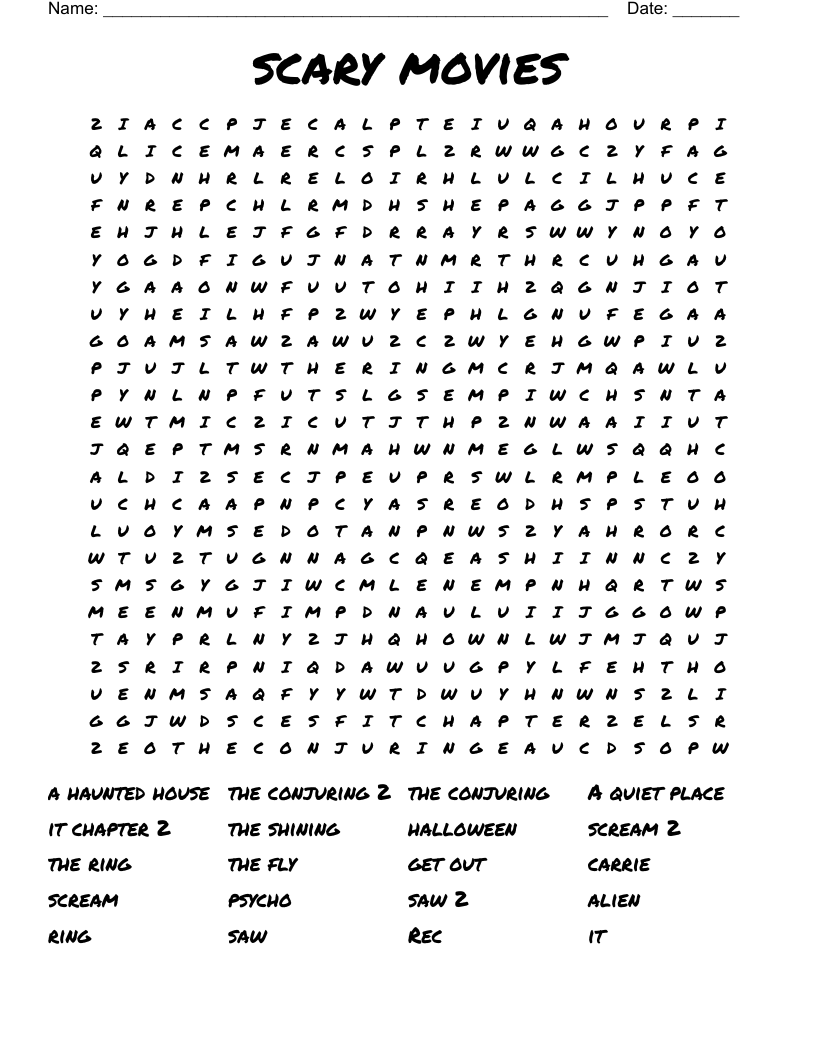 scary movies Word Search