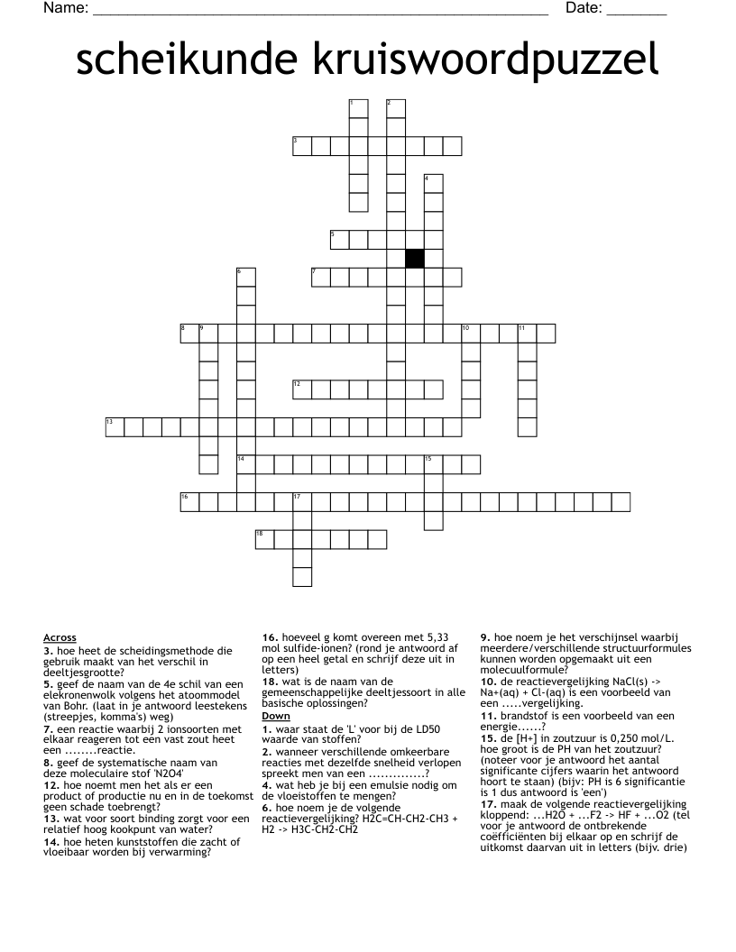 scheikunde kruiswoordpuzzel Crossword