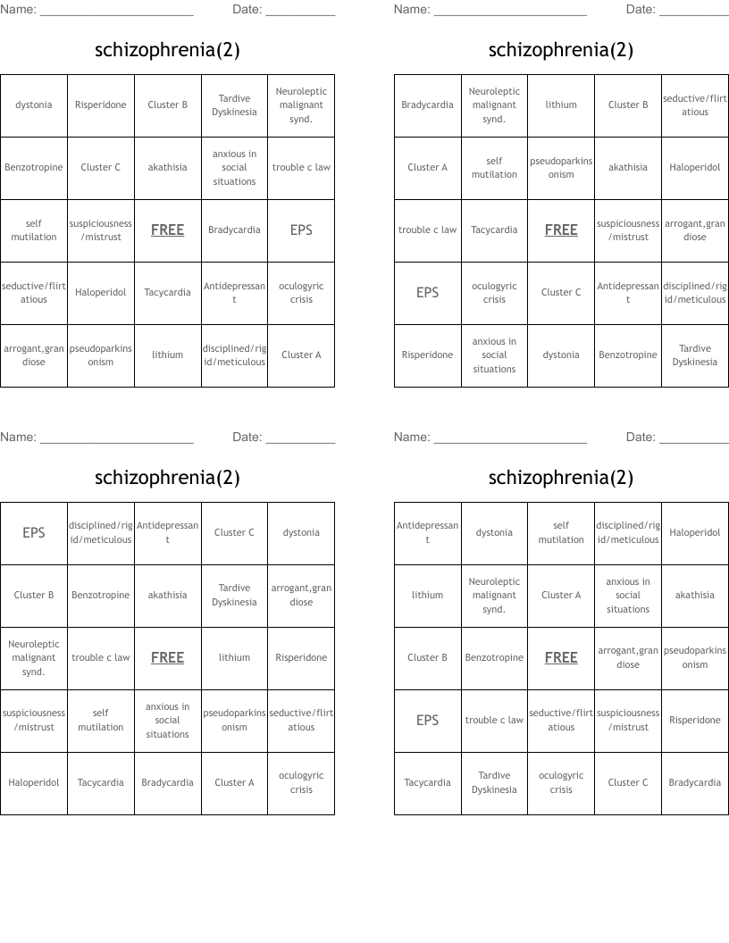 schizophrenia(2) Bingo Cards