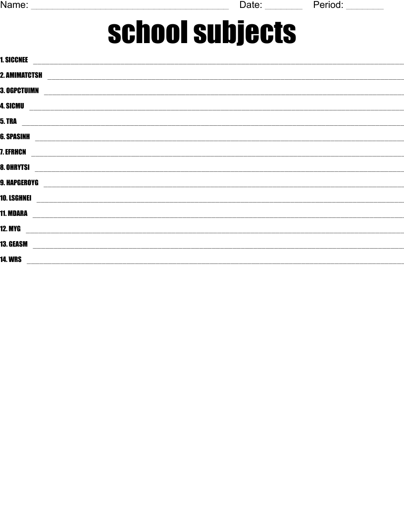 school subjects Word Scramble