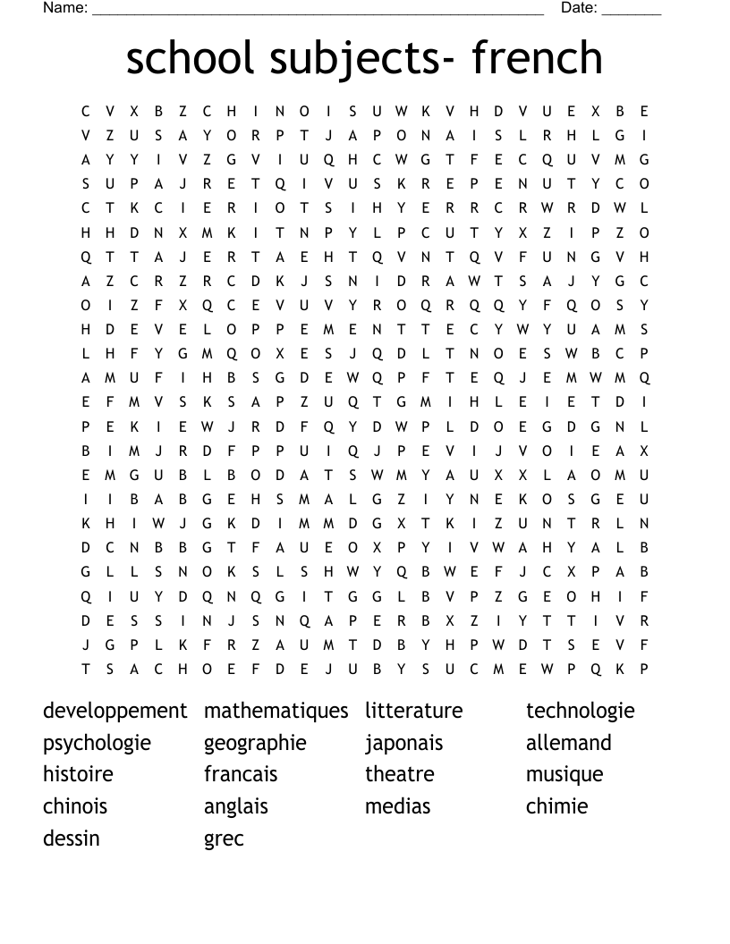 school subjects- french Word Search