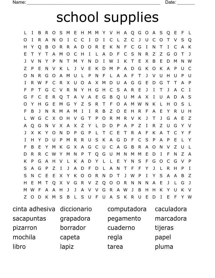 school supplies Word Search