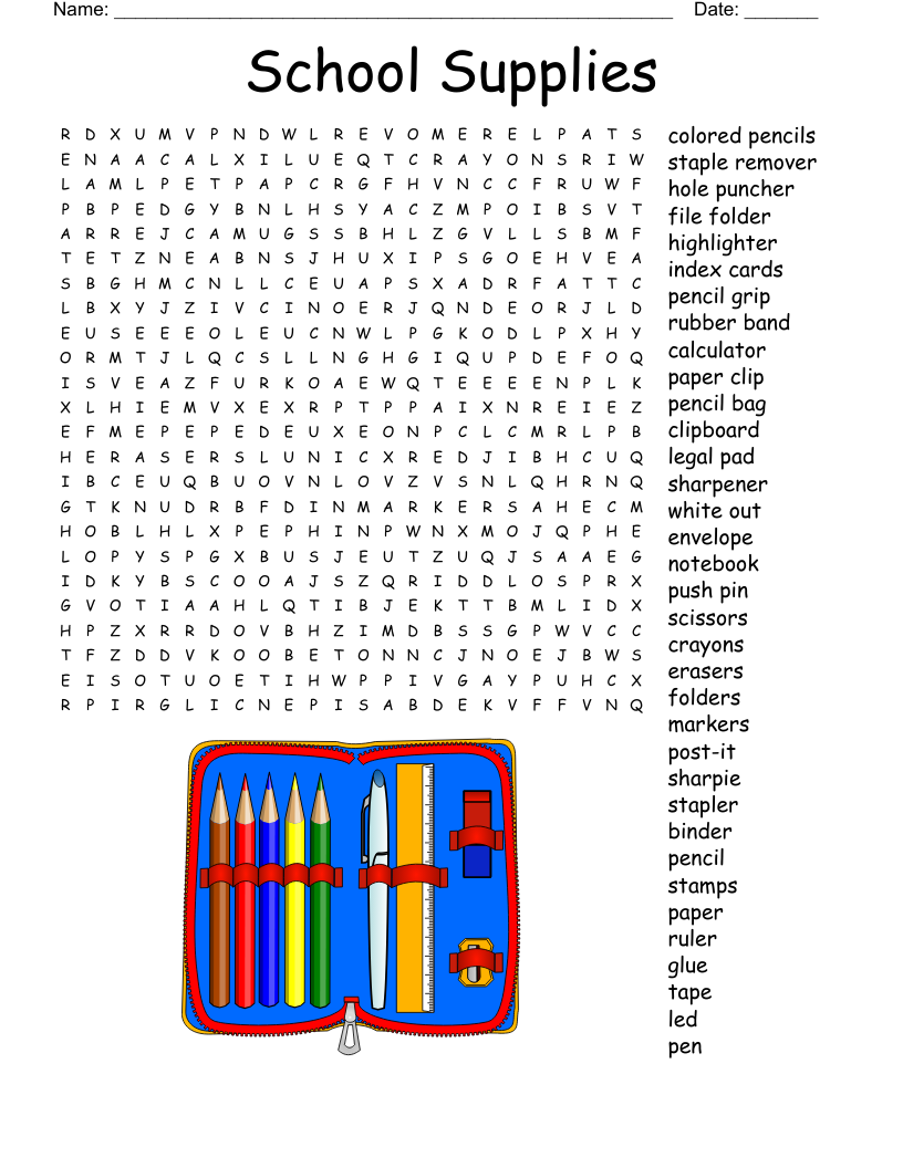 School Supplies Word Search