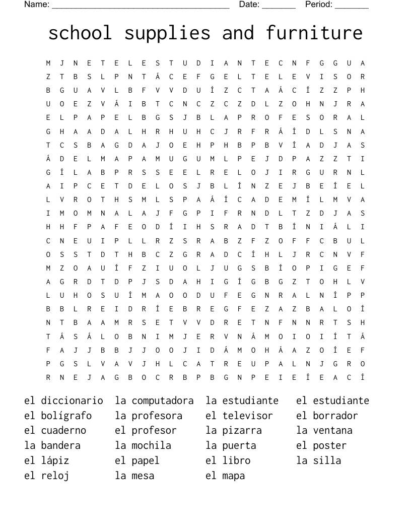 school supplies and furniture  Word Search
