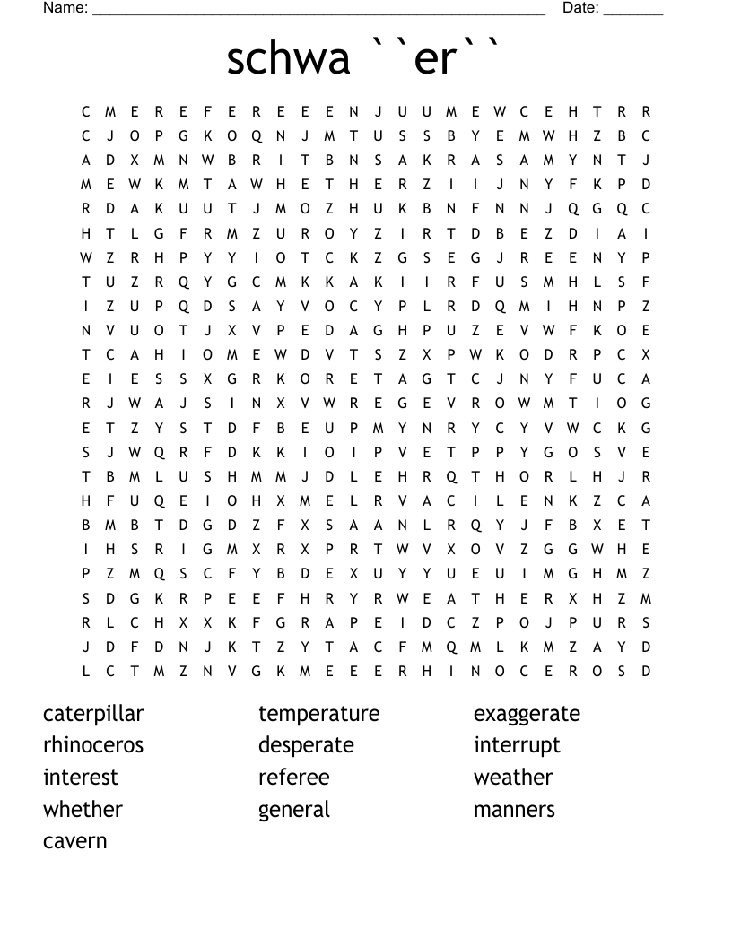 schwa ``er`` Word Search