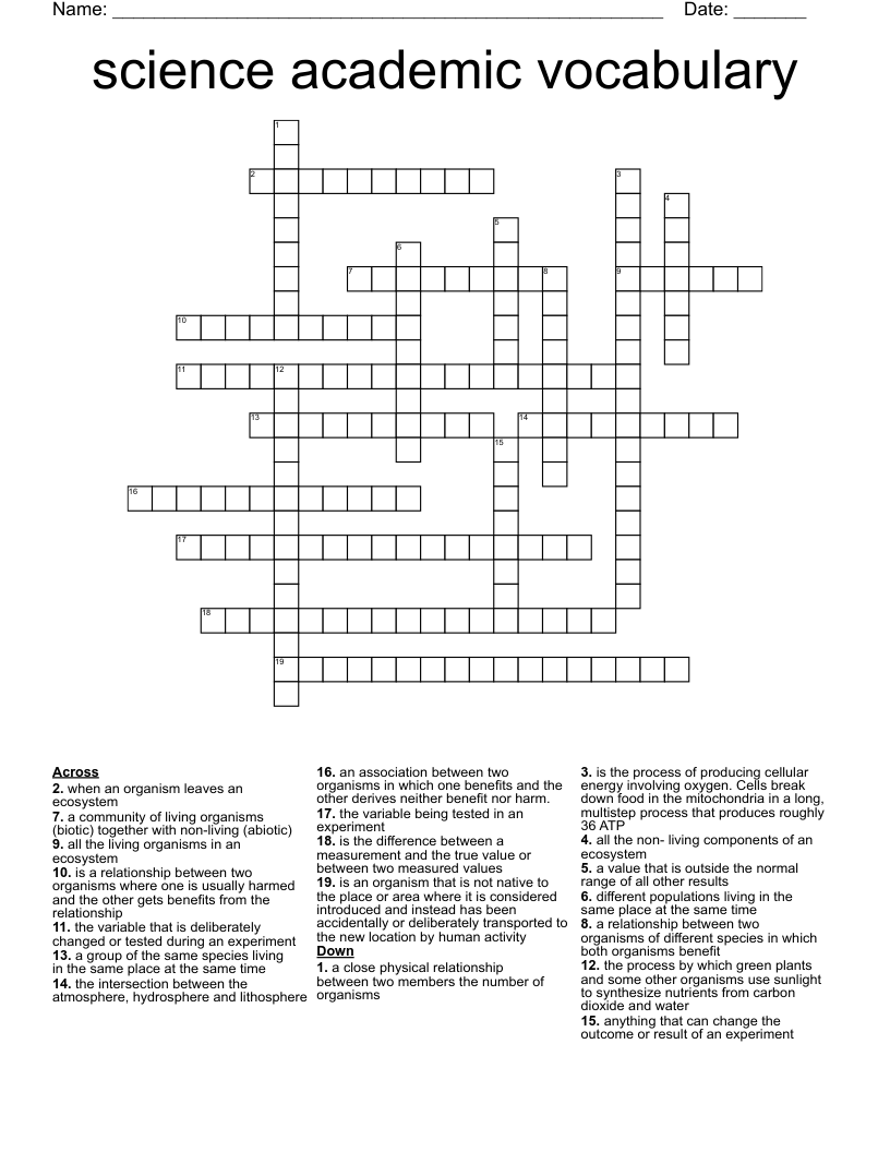 science academic vocabulary Crossword