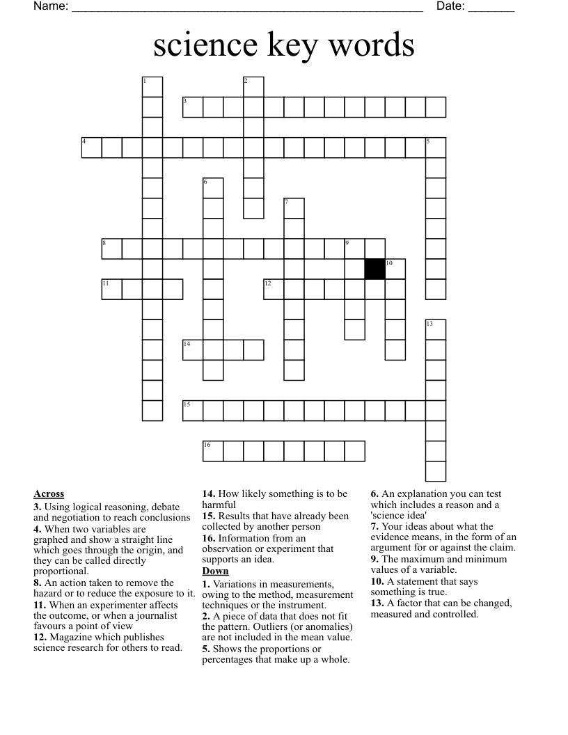 science key words  Crossword