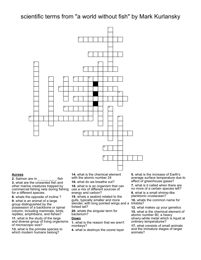 scientific terms from "a world without fish" by Mark Kurlansky Crossword