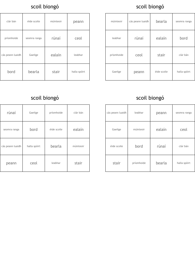 scoil biongó Bingo Cards