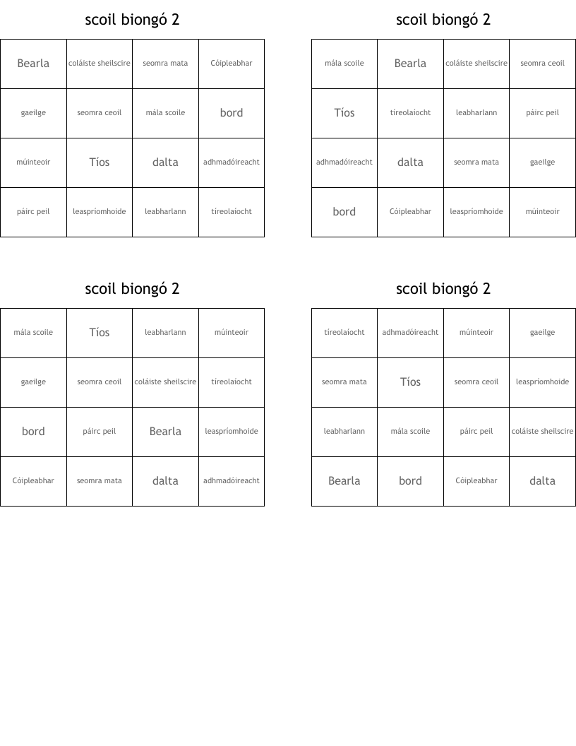 scoil biongó 2 Bingo Cards