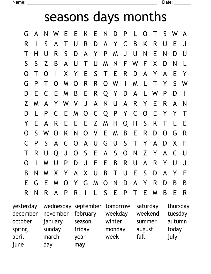 seasons days months Word Search