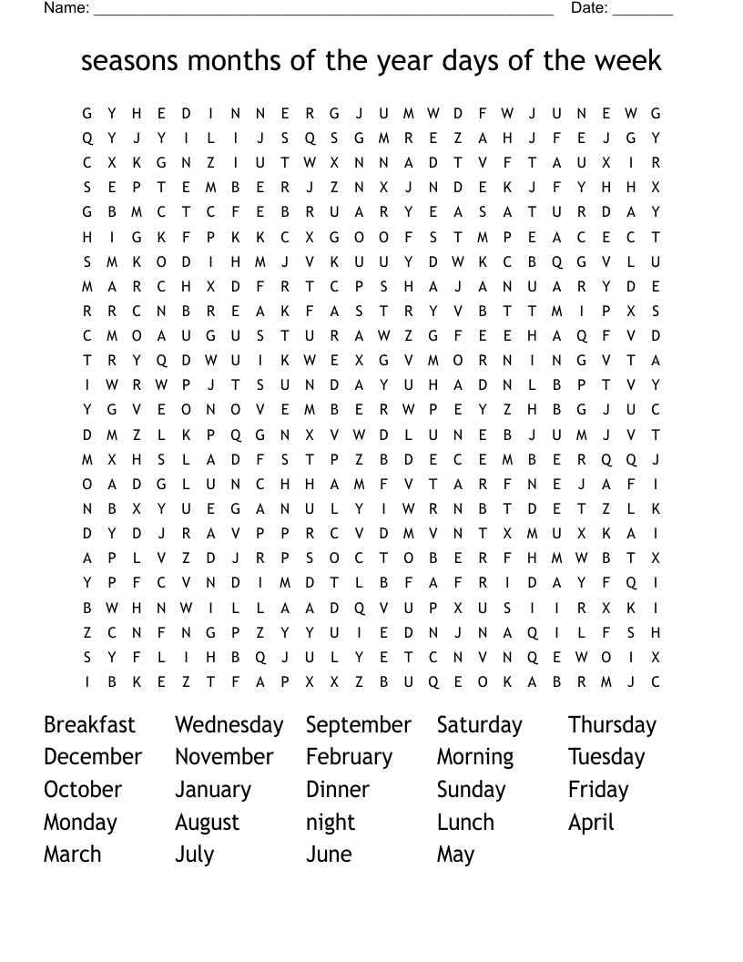 seasons months of the year days of the week  Word Search
