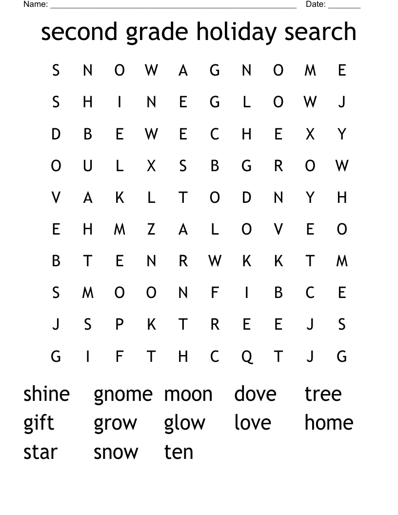 second grade holiday search Word Search
