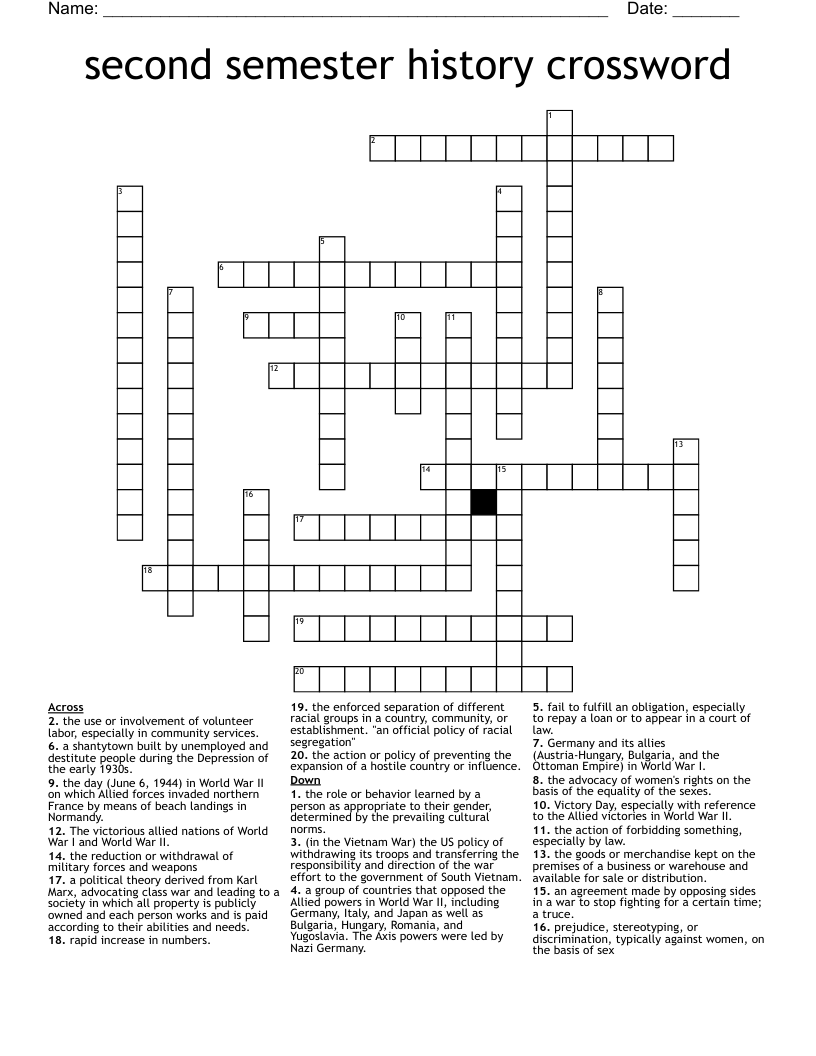 second semester history crossword