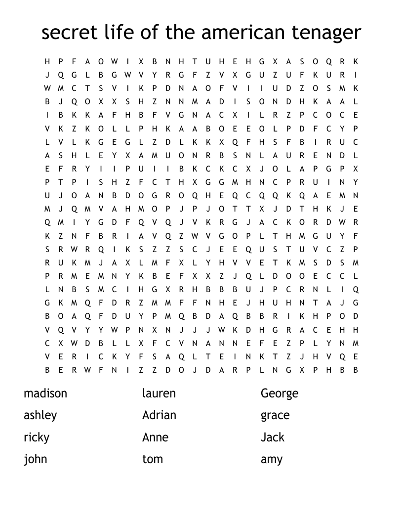 secret life of the american tenager Word Search