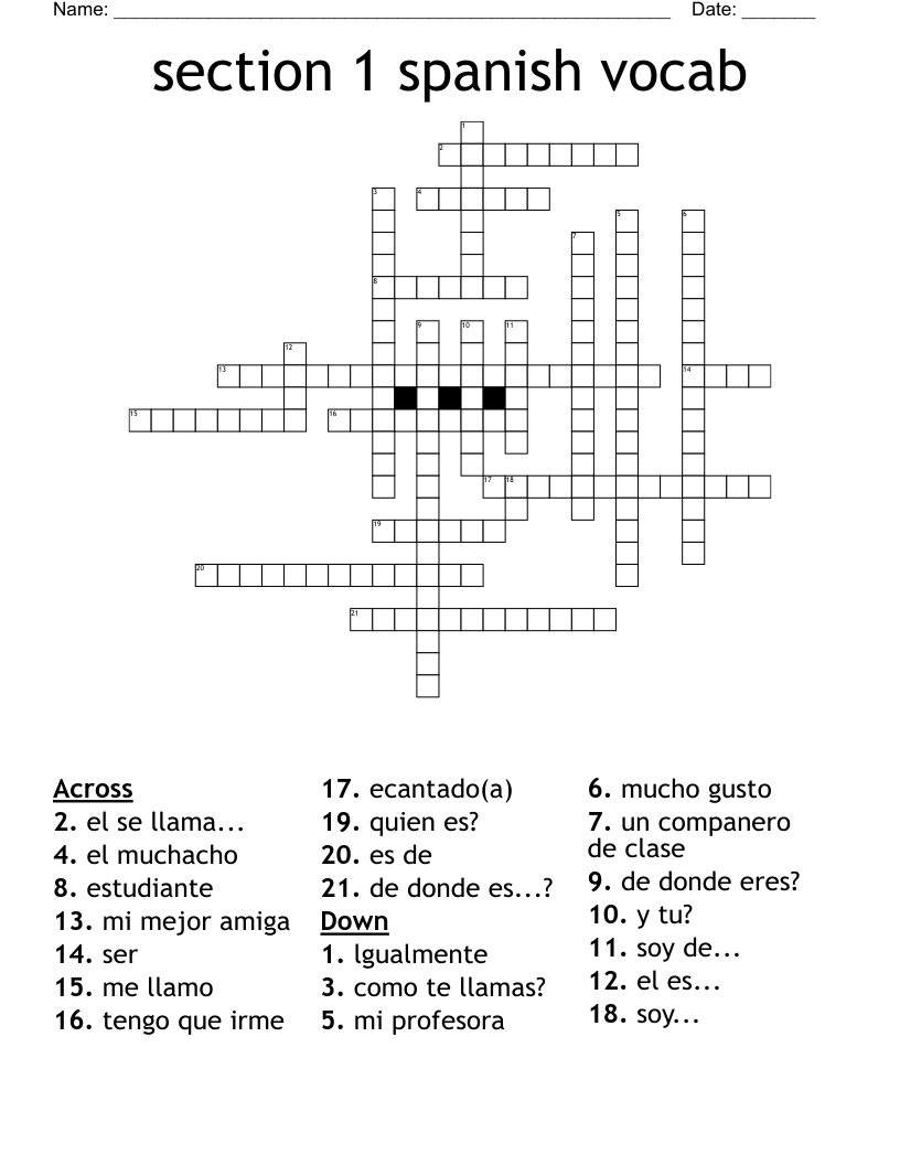 section 1 spanish vocab Crossword