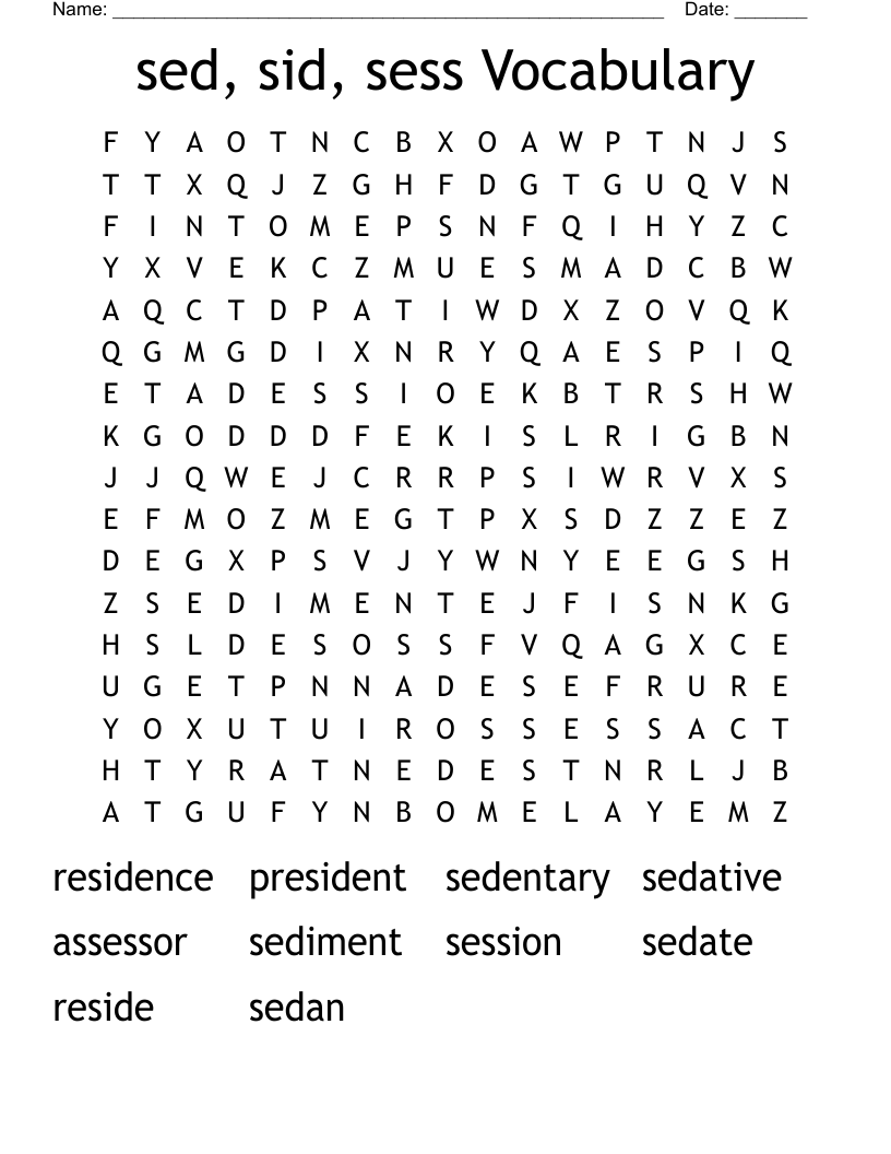 sed, sid, sess Vocabulary Word Search