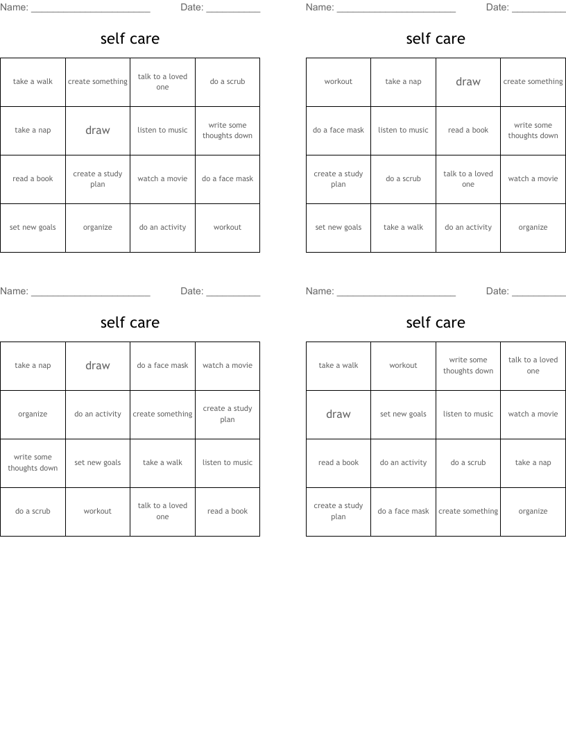 self care Bingo Cards
