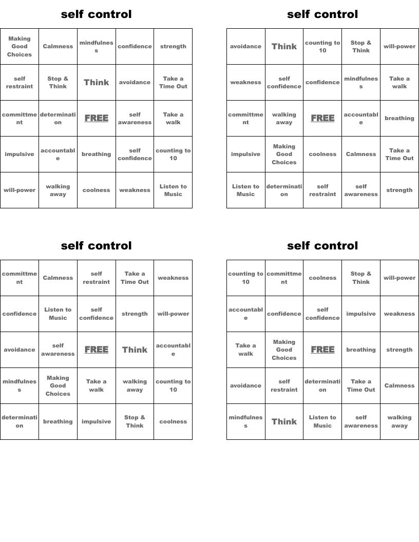 self control  Bingo Cards