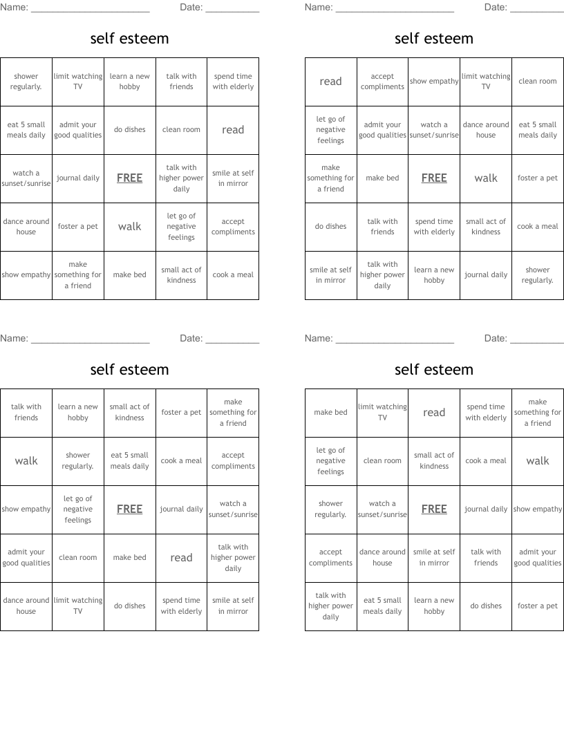 self esteem Bingo Cards